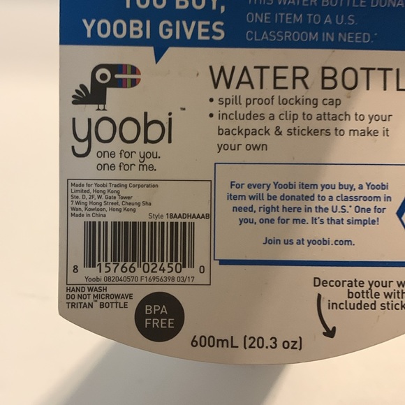 Yoobi Plastic Water Bottle With Stickers New - Picture 8 of 8